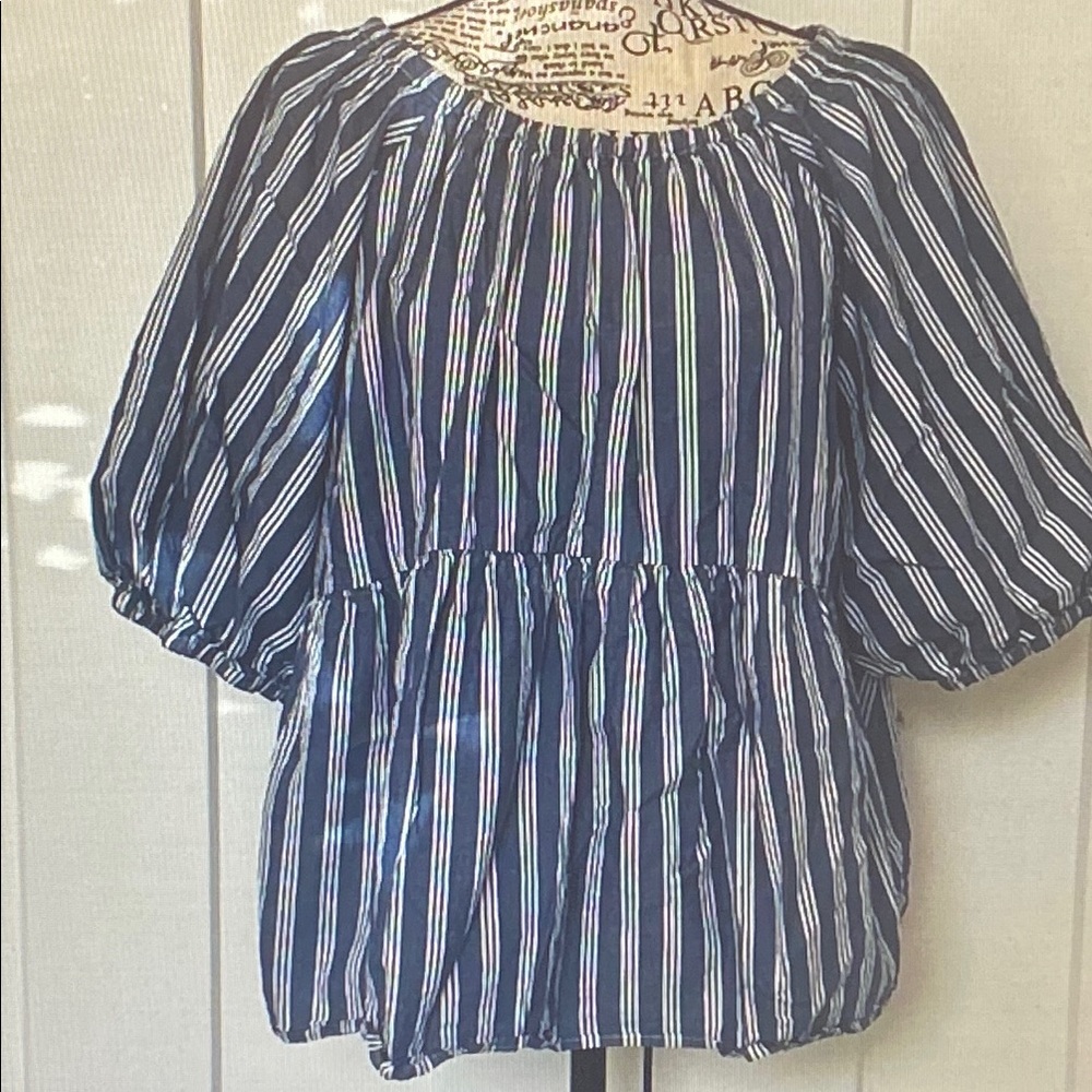 Old Navy Navy and White Striped Peplum Puff-Sleeve Top